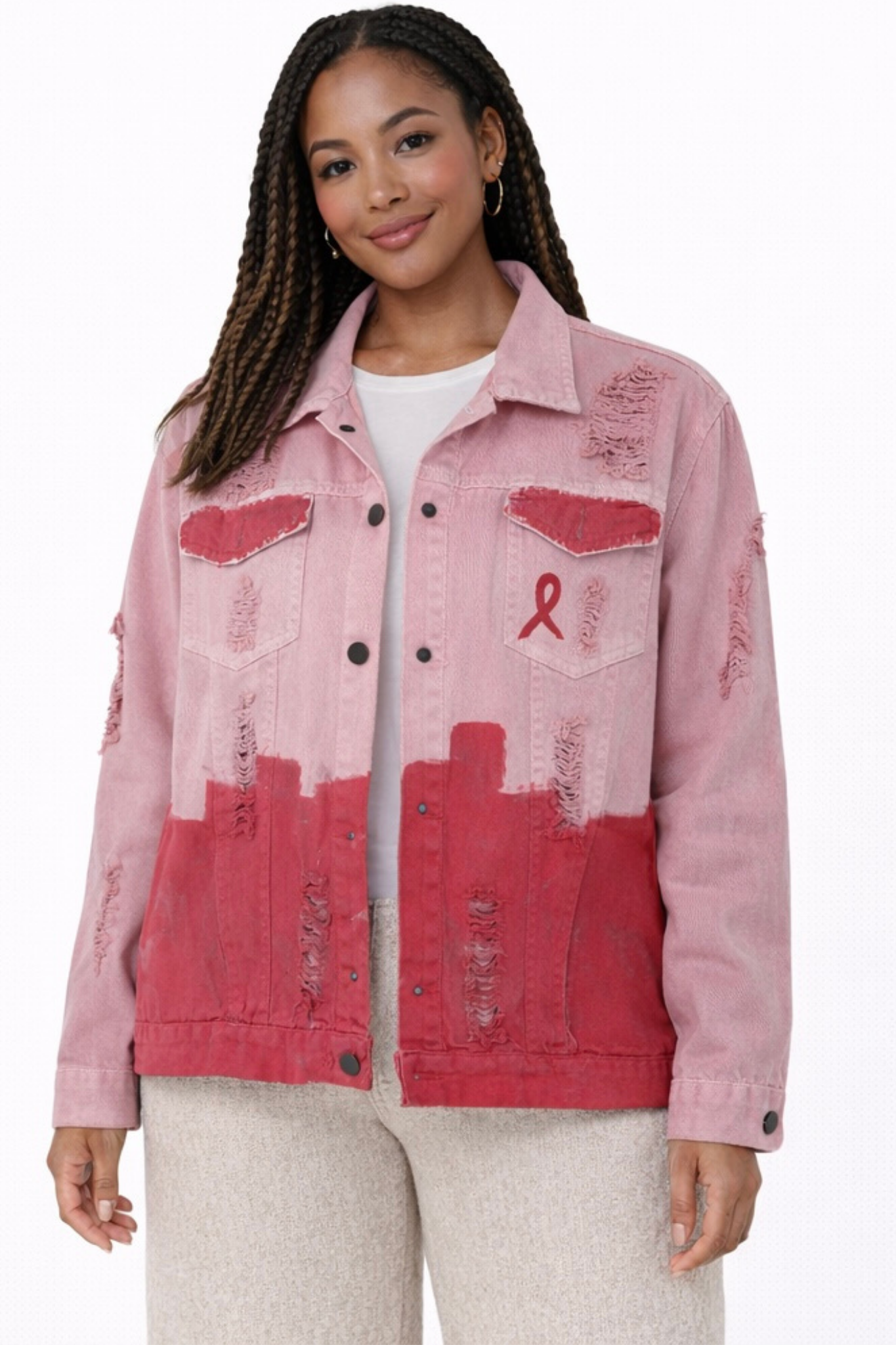 Pre-Owned Wren + Glory- Pink- Distressed Denim Jacket- Sz S